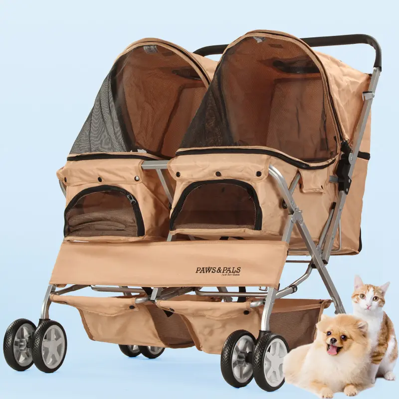Dog Outing Stroller Portable Double Deck Pet Stroller Detachable Cat Travel Four Wheel Stroller