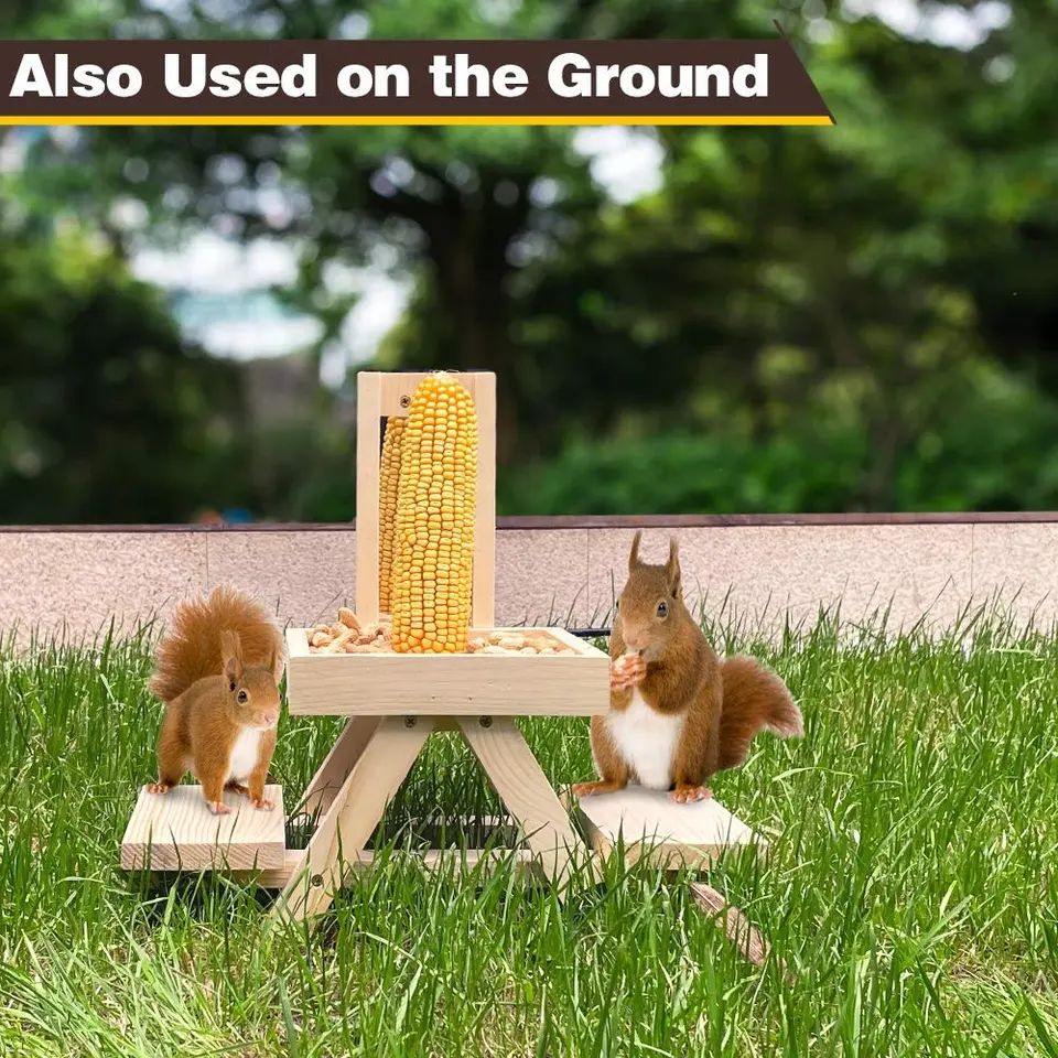 Manufacture Funny Wooden Squirrel Food Feeder Outdoor Squirrel Picnic Table Feeder For Outside Garden