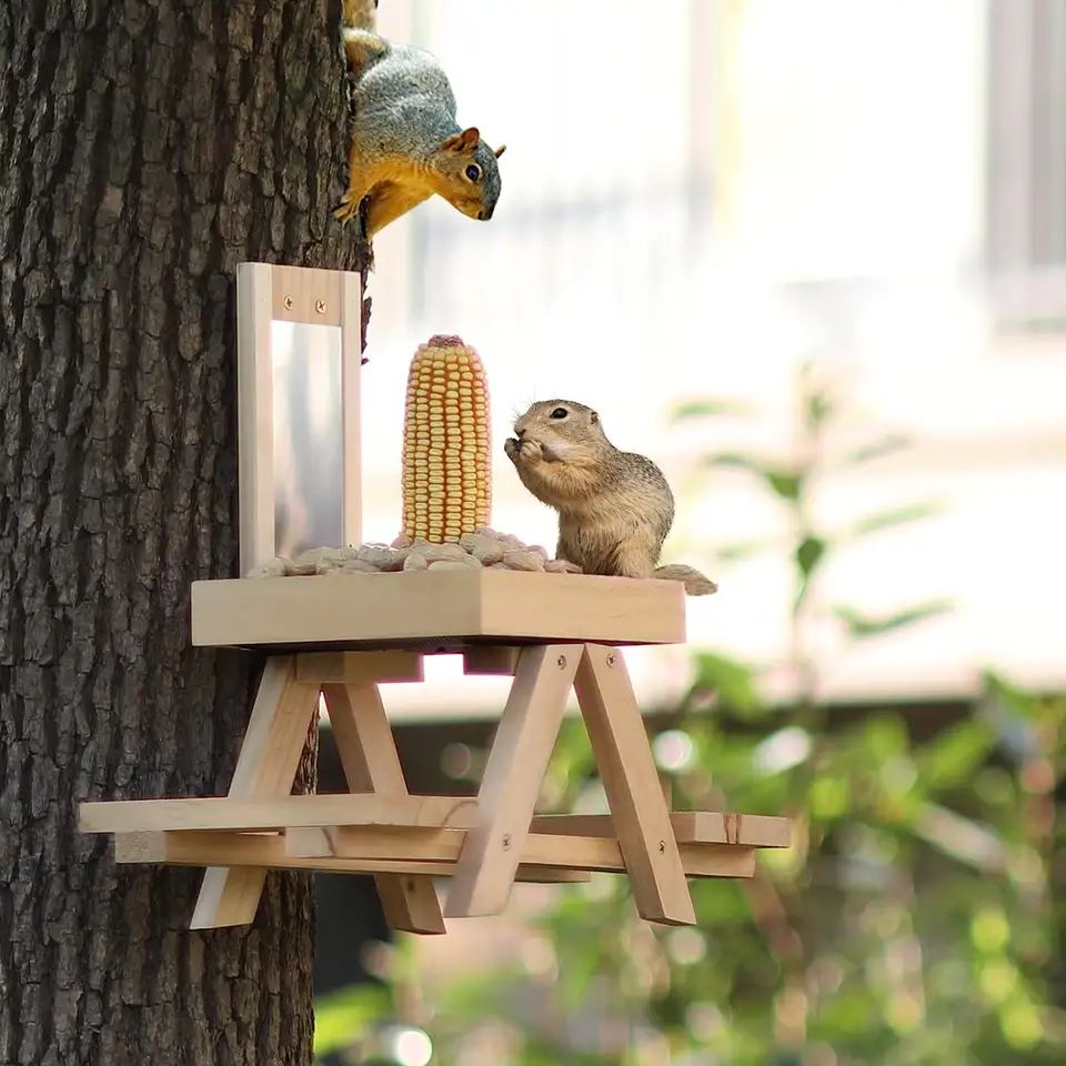 Manufacture Funny Wooden Squirrel Food Feeder Outdoor Squirrel Picnic Table Feeder For Outside Garden