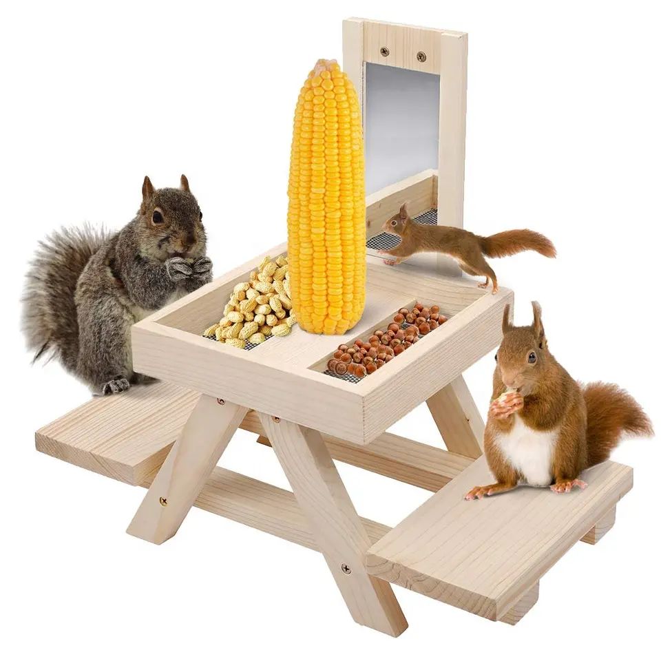 Manufacture Funny Wooden Squirrel Food Feeder Outdoor Squirrel Picnic Table Feeder For Outside Garden